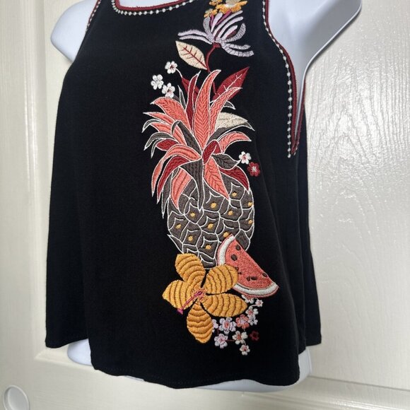 FARM Rio XS Sleeveless Black Cutwork Open-Back Top Embroidered Boho Fruit Floral - Picture 3 of 12